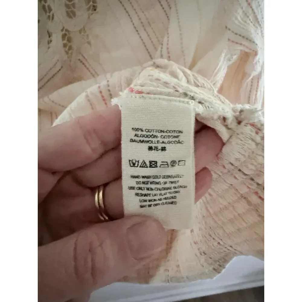 Free People Floating Memorie Crochet Peasant Neutral Cream Striped Blouse-Size L